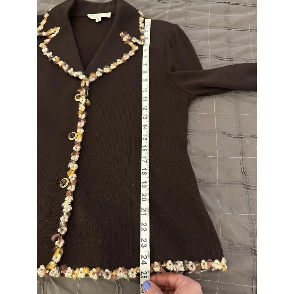 ST. JOHN Collection Knits Brown Jacket Sz 12 Multicolor Trim Office Wool Blend - Picture 7 of 11